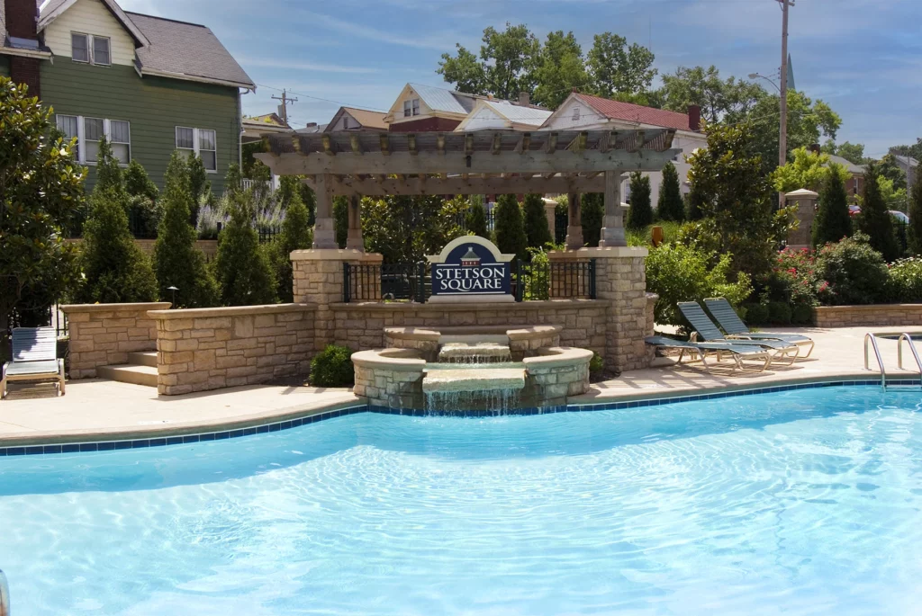 Pool with neighborhood signage | The village at Stetson Square in Corryville, Cincinnati, Ohio